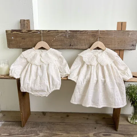 Baby Girls Long Sleeve Romper Dress Vintage Floral Embroidery Lapel Cotton Cute Infant Fall Autumn One-Piece Clothing
