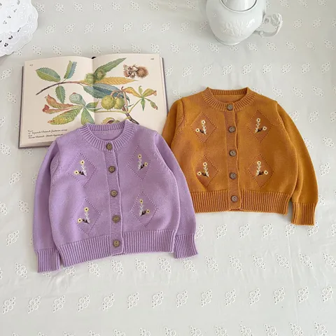 Baby Girls Knit Cardigan Sweater Cute Floral Embroidered Long Sleeve Round Neck Single-Breasted Button Infant Fall Outerwear