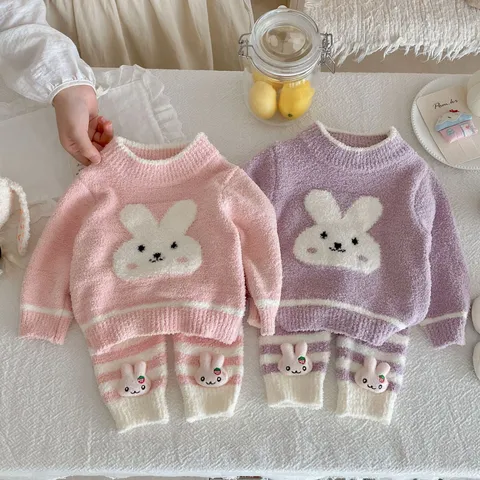 Infant Baby Girls Cute Rabbit Half Fleece Long Sleeve Top And Pants Top And Bottom Winter Warm Home Wear