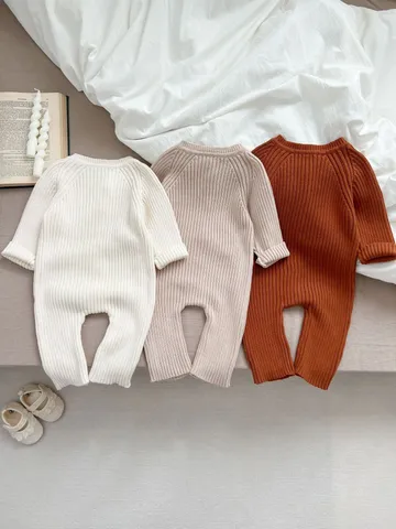 Baby Unisex Langarm Gestrickter Strampler Neugeborenes Säugling Einfarbig Gestreift Einreihig Baumwolle Jumpsuit Frühling Herbst