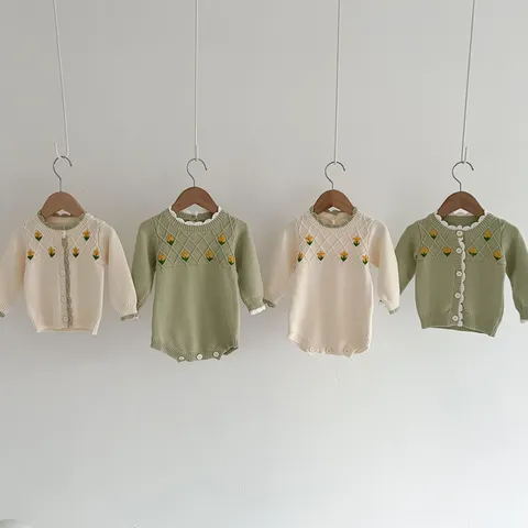 Infant Baby Girls Knit Cardigan Romper Cute Floral Embroidery Long Sleeve Cotton Bodysuit Newborn Fall Clothes