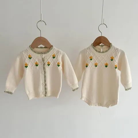 Infant Baby Girls Knit Cardigan Romper Cute Floral Embroidery Long Sleeve Cotton Bodysuit Newborn Fall Clothes