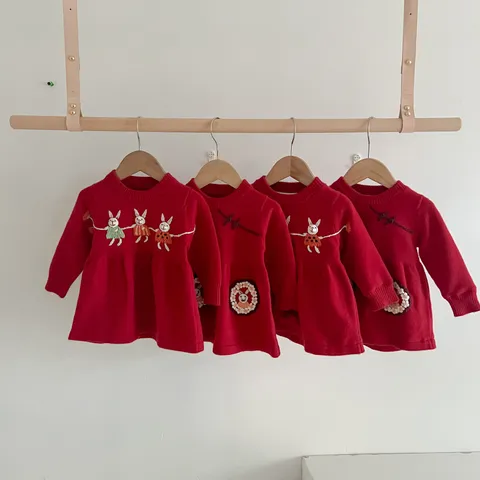 Abito in Maglia Foderato in Pile per Bambina Neonato Inverno Manica Lunga Ricamo Coniglietto Grazioso Vestito Principessa