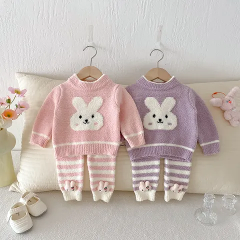 Infant Baby Girls Cute Rabbit Half Fleece Long Sleeve Top And Pants Top And Bottom Winter Warm Home Wear
