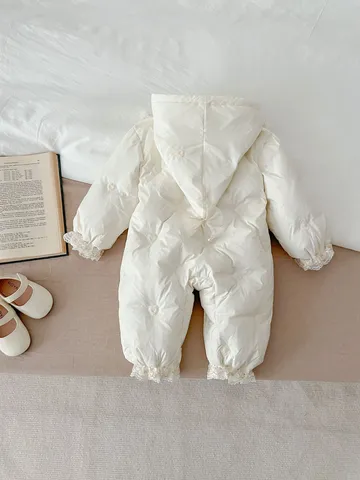 Baby Mädchen Winter Mit Kapuze Daunen Spielanzug Verdickt Gefüttert Süß Bestickte Spitze Lange Kletteranzug Säugling Oberbekleidung