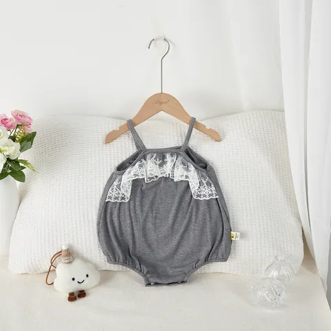 Baby Girls Summer Lace Trim Strappy Romper Cotton Solid Color Ribbed Bodysuit Infant Casual Sleeveless Clothes