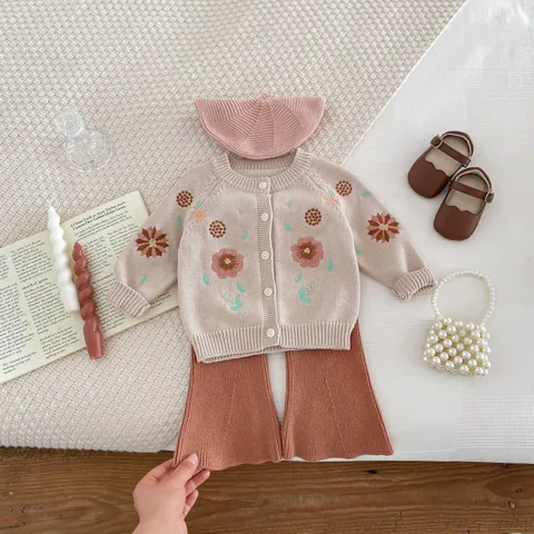 Toddler Baby Girls Floral Knit Cardigan Cute Cotton Long Sleeve Crew Neck Sweater Coat Spring