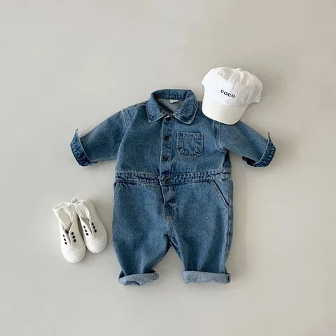 Infant Baby Denim Jumpsuit Long Sleeve Turn-Down Collar Romper Casual Korean Style Cotton Baby Outfits
