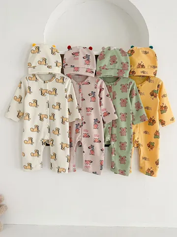 Infant Waffle Knit Romper Long Sleeve Hooded Jumpsuit Cute Animal Print Newborn Baby Boy Girl Fall Clothes