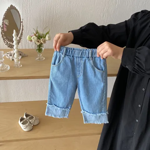 Girls Casual Cotton Blend Wide Leg Jeans Toddler Fall Loose Elastic Waist Denim Pants Children Fashion Bottoms