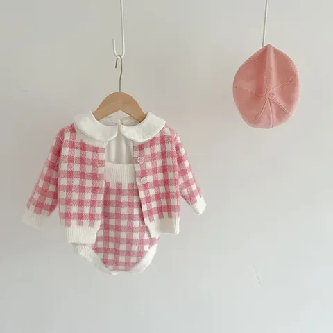 Säugling Baby Mädchen Baumwolle Karo Cardigan Strampler Kleinkind Frühling Herbst Langarm Süße Tägliche Bekleidung Set