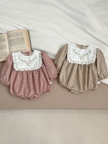 Baby Girls Korean Style Long Sleeve Turn Down Collar Plaid Embroidery Romper Infant Cute Spring Cotton Bodysuit
