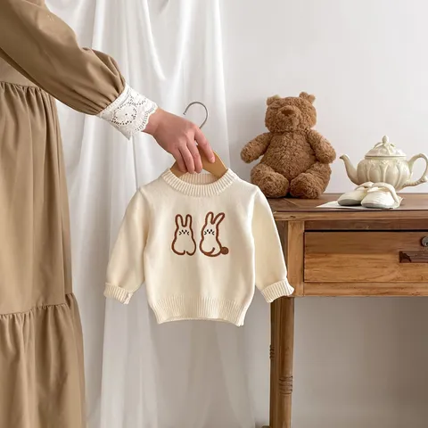 Infant Baby Knit Sweater Spring Autumn Cute Rabbit Embroidery Long Sleeve Crew Neck Pullover Cotton Knitwear Kids Top