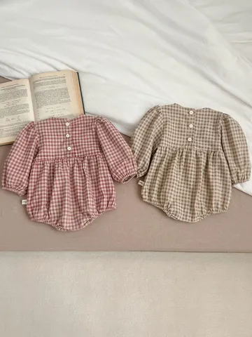 Baby Girls Korean Style Long Sleeve Turn Down Collar Plaid Embroidery Romper Infant Cute Spring Cotton Bodysuit