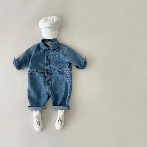 Infant Baby Denim Jumpsuit Long Sleeve Turn-Down Collar Romper Casual Korean Style Cotton Baby Outfits