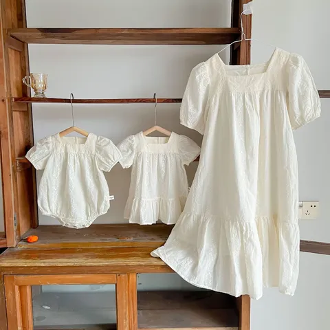 Mother and Daughter Matching Outfit Summer White Embroidery Bubble Short Sleeve Dress Baby Romper Family Clothes