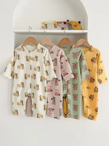 Infant Waffle Knit Romper Long Sleeve Hooded Jumpsuit Cute Animal Print Newborn Baby Boy Girl Fall Clothes