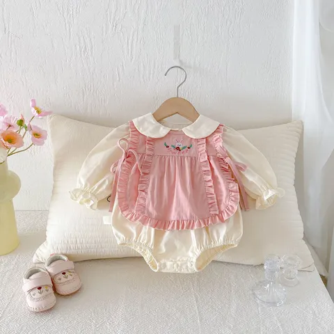 Säugling Baby Mädchen Herbst Outfit Set Langarm Strampler Mit Süßem Kaninchen Stickerei Weste Kleinkind Baumwolle Kleidung Set