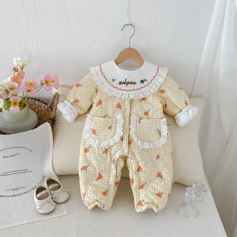 Baby Girls Winter Thickened Padded Romper Cute Floral Grid Long Sleeve Turn Down Collar Cotton Jumpsuit Infant Warm Outfits