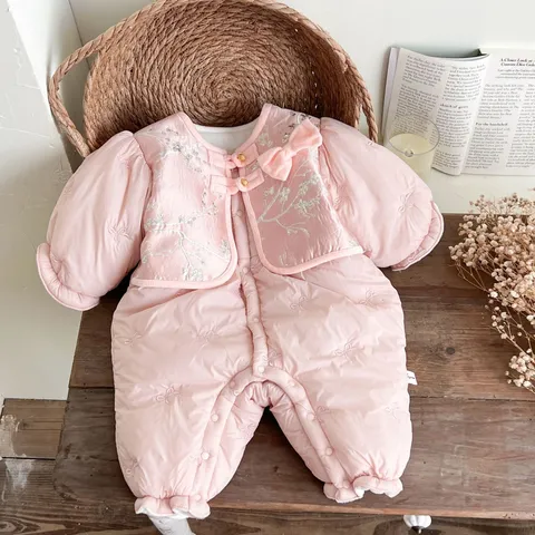 Infant Baby Girls Winter Padded Chinese Style Romper Thickened Warm Outwear Newborn Bodysuit New Year Clothes