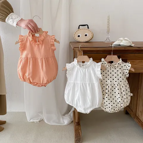 Baby Girls Summer Korean Style Cotton Sleeveless Romper Stand Collar Polka Dot Bodysuit Infant Crawling Clothes