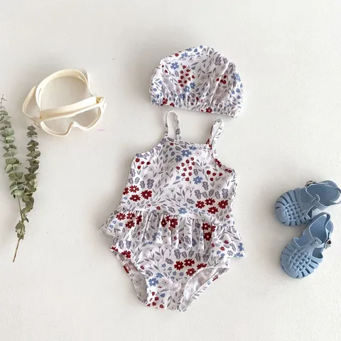 Baby Girls Floral Print One-Piece Swimsuit Cute Strappy Swimwear Quick-Drying Summer Beach Bathing Suit With Hat