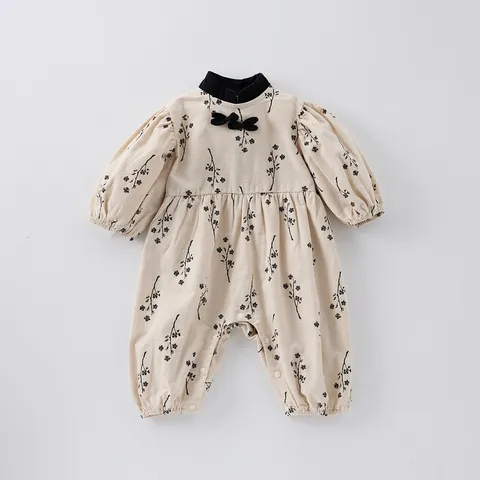 Baby Girls Romper Spring Newborn Infant Chinese Style Stand Collar Long Sleeve Cotton Bodysuit Cute Floral Print Infant Jumpsuit