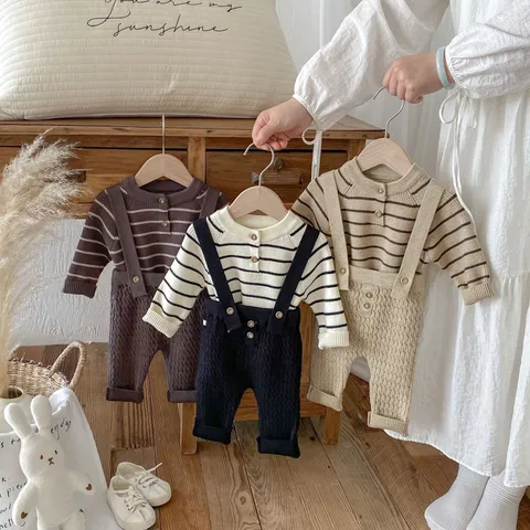Infant Baby Boys Girls Fall Outfit Knitted Striped Long Sleeve Sweater And Strap Trousers Two Piece Set Toddler Clothes