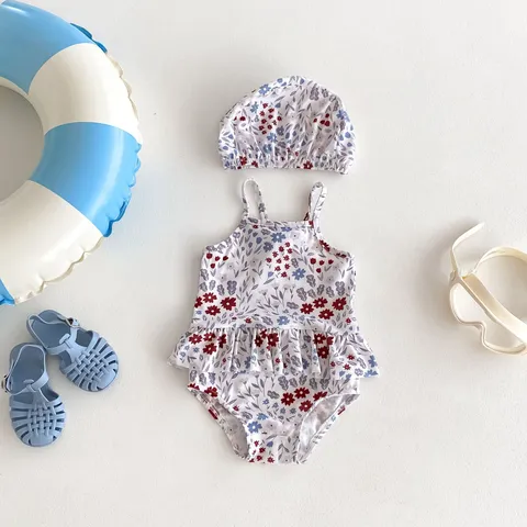 Baby Girls Floral Print One-Piece Swimsuit Cute Strappy Swimwear Quick-Drying Summer Beach Bathing Suit With Hat
