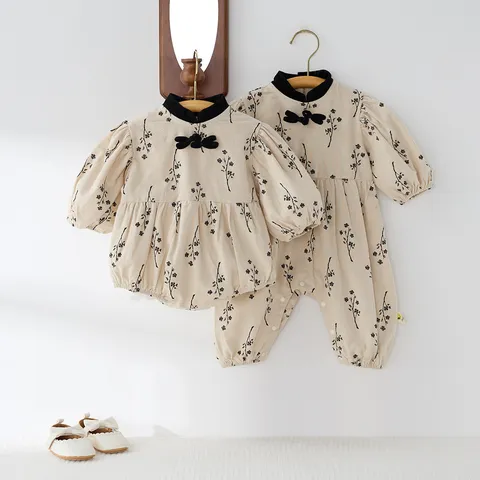 Baby Girls Romper Spring Newborn Infant Chinese Style Stand Collar Long Sleeve Cotton Bodysuit Cute Floral Print Infant Jumpsuit