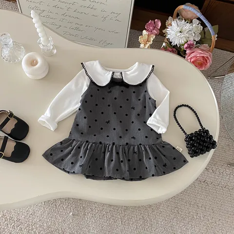 Infant Baby Girls Fall Outfit Set Long Sleeve Ruffle Collar Top And Polka Dot Bow Vest Dress Toddler Cute Daily Clothing
