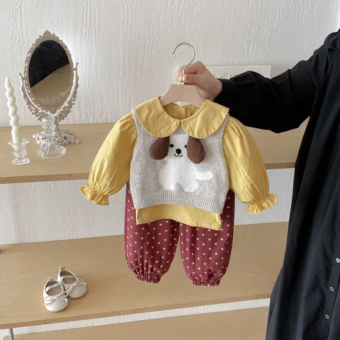 Baby Girls Fall Long Sleeve Cotton Top Floral Pants Knit Vest Outfit Toddler Children Clothing Set