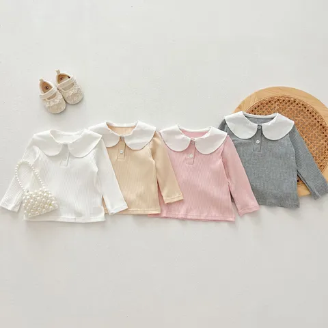 Infant Baby Girls Long Sleeve T-Shirt Cute Doll Collar Casual Cotton Blend Ribbed Pullover Top Fall Toddler Clothes