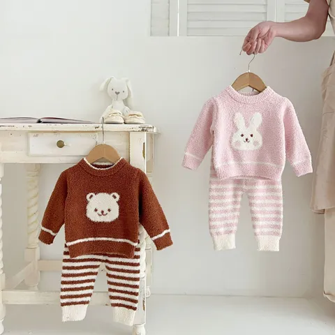 Infant Baby Winter Warm Flannel Top And Bottom Cute Rabbit Bear Long Sleeve Sweatshirt Long Pants Sleepwear