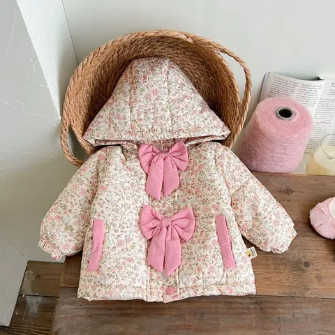 Niñas Invierno Con Capucha Algodón Acolchado Chaqueta Lindo Estampado Floral Manga Larga Cálido Grueso Abrigo Con Lazo Niños Ropa Exterior