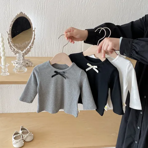 T-shirt Manches Longues Bébé Fille Nœud Mignon Coton Col Rond Couleur Unie Haut Décontracté Automne Vêtements Enfant