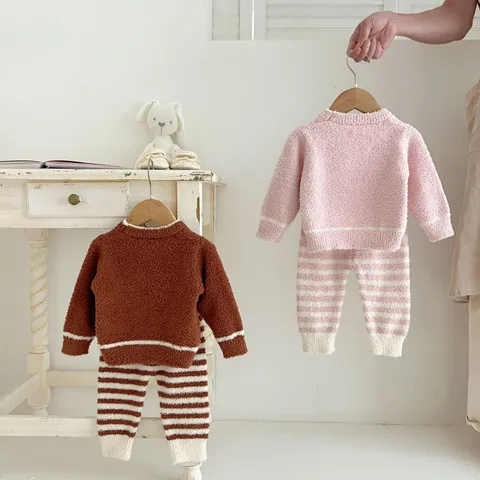 Infant Baby Winter Warm Flannel Top And Bottom Cute Rabbit Bear Long Sleeve Sweatshirt Long Pants Sleepwear