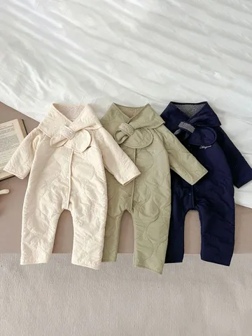 Infant Baby Winter Romper Unisex Long Sleeve Fleece Thickened Quilted Jumpsuit Lapel Single-Breasted Outfits