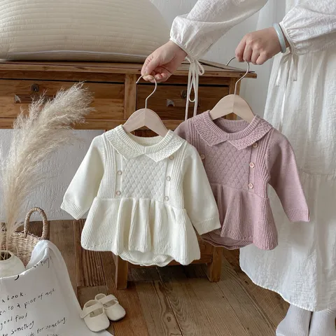 Baby Girls Knit Romper Infant Long Sleeve Ruffle Princess Bodysuit Cute Fall Winter Casual Daily Romper