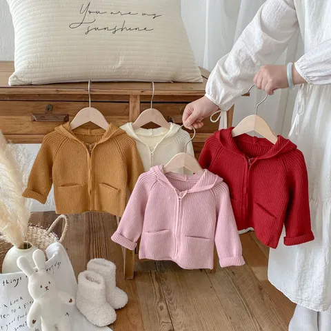 Toddler Girls Solid Color Hooded Knit Cardigan Sweater Coat Autumn Winter Warm Long Sleeve Raglan Pocket Outerwear