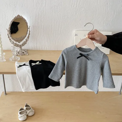 T-shirt Manches Longues Bébé Fille Nœud Mignon Coton Col Rond Couleur Unie Haut Décontracté Automne Vêtements Enfant