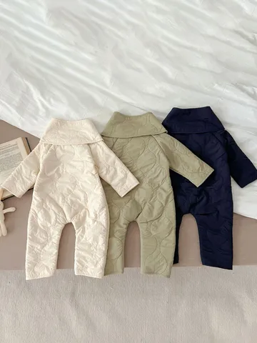 Infant Baby Winter Romper Unisex Long Sleeve Fleece Thickened Quilted Jumpsuit Lapel Single-Breasted Outfits