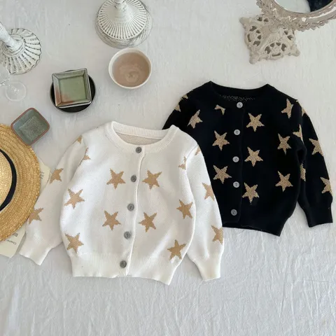 Baby Girls Cotton Knit Cardigan Infant Long Sleeve Star Pattern Sweater Newborn Spring Autumn Toddler Button-Up Top