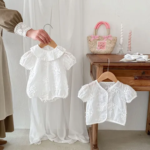 Infant Baby Girls Summer Cotton Cutwork Embroidery Romper And Cardigan Outerwear Cute Doll Collar Newborn Clothes