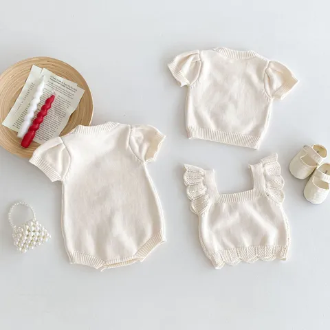Infant Baby Girls Knit Cotton Romper Bodysuit Handmade Crochet Floral Top Cute Casual Infant Clothing