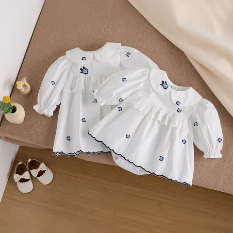Neonato Bambine Manica Lunga Cotone Abito Romper Pizzo Collo Peter Pan Ricamo Floreale Bambino Primavera Principessa Vestito