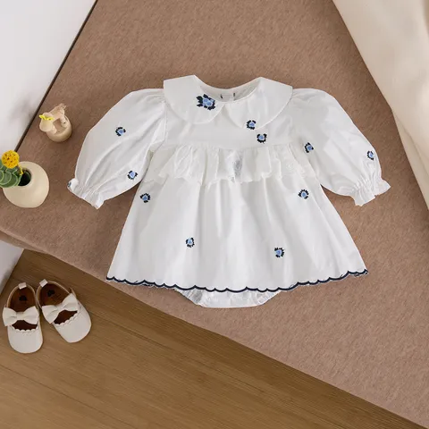 Neonato Bambine Manica Lunga Cotone Abito Romper Pizzo Collo Peter Pan Ricamo Floreale Bambino Primavera Principessa Vestito