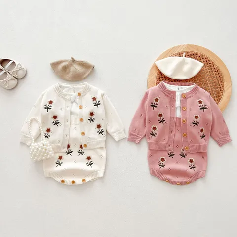 Infant Baby Girl Knit Sweater Cardigan And Strap Romper Cute Floral Embroidery Long Sleeve Cotton Blend Infant Outfit Set