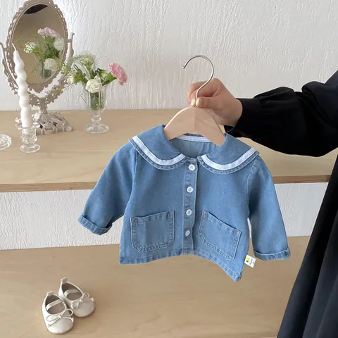 Baby Girls Denim Jacket Fall Toddler Long Sleeve Sailor Collar Single-Breasted Outerwear Infant Casual Cotton Coat