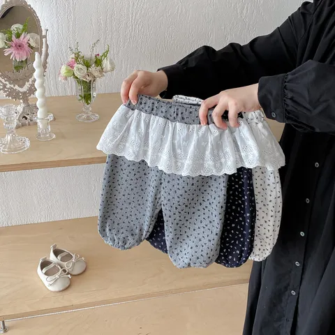 Infant Baby Girls Floral Leggings Korean Style Cotton Long Pants Cute Lace Ruffle Waist Autumn Toddler Children Pants
